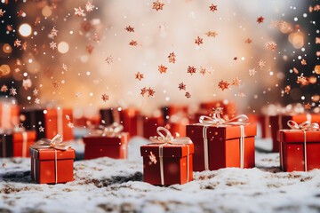 Christmas red gifts with silky ribbons, festive decor and floating snowflakes, New Year composition.