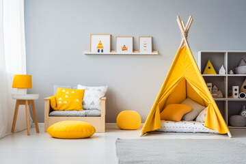 Teepee tent sitting in living room next to couch.