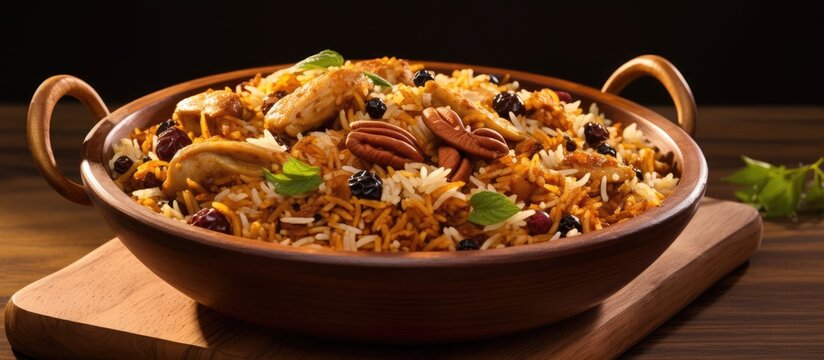 Spicy Kerala Kozhikode Chicken Biryani a festive Indian dish with basmati rice chicken nuts and raisins enjoyed during Ramadan Eid Ul Adha and Christmas