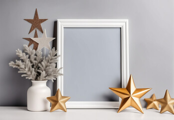 A mockup christmas concept showing a small square picture frame sitting on a table. High quality photo.