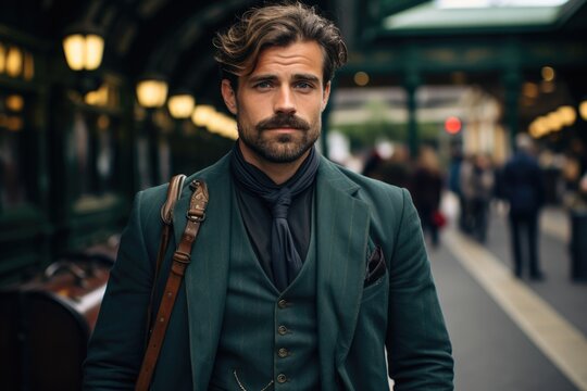 Fototapeta Handsome Retro Italian Man on Train Station.