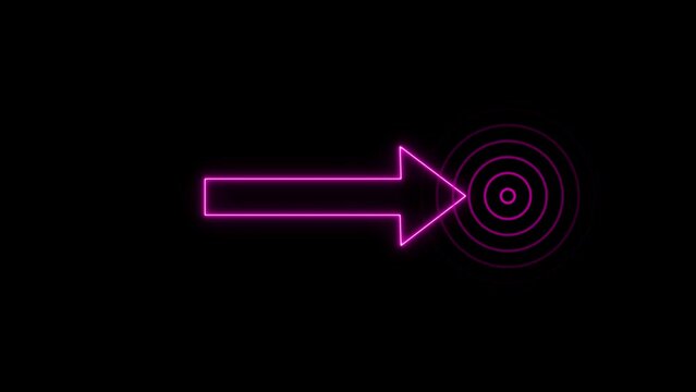 Magenta neon light directional arrow line and signal icon radio wave Animation. Black background 4k video moving.
