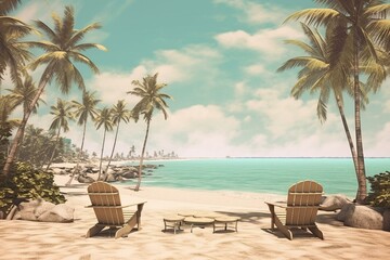 Relaxing beach scene with palm trees, chairs, and sandy shore. Generative AI - obrazy, fototapety, plakaty