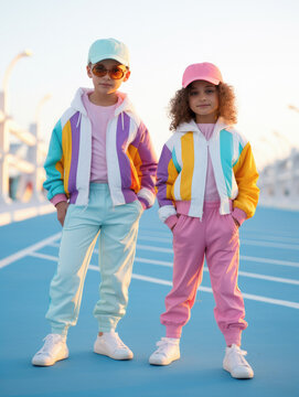 ni&ntilde;o y ni&ntilde;a posando con chandal de colores y gorros sobre en un aparcamiento exterior