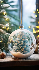 Christmas tree in Christmas Magic Snow Ball. Cozy winter holiday decor closeup, vertical format