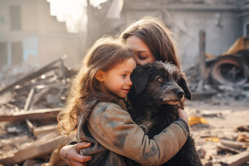 Mother, daughter and dog hugging in destroyed city rubble. Survivors of bombing or earthquake disaster - obrazy, fototapety, plakaty