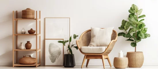 Zelfklevend Fotobehang Stylish home decor with modern bohemian vibes featuring retro chair rattan basket wooden cube books flowers mock up poster frames and elegant accessories With copyspace for text © AkuAku