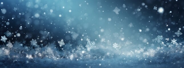 banner, winter background, forest and falling snow and snowflakes, trees frost