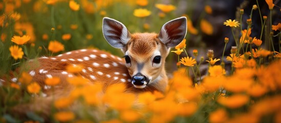 Orange wildflower bed with a resting fawn With copyspace for text