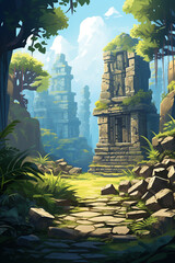 A ruined temple in the jungle created in 2d software