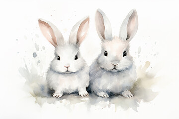 Two white bunnies on a white background, in watercolor style