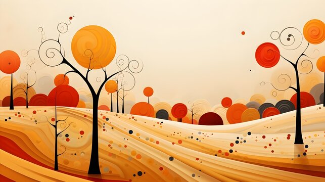 Autumn landscape wonderland forest with grass land, Mid autumn natural in orange foliage, Fall season with beautiful  view with sunset behind mountain and maples leaves falling from trees