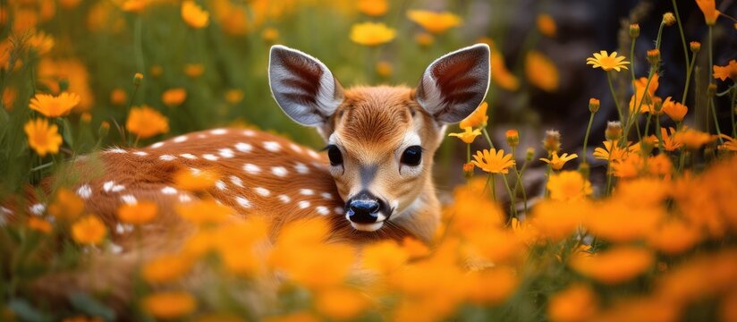 Orange wildflower bed with a resting fawn With copyspace for text