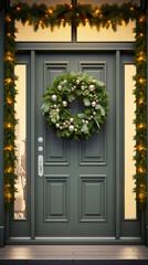 Fototapeta na wymiar Festive Christmas natural home porch decoration with pine wreaths and garlands, vertical format