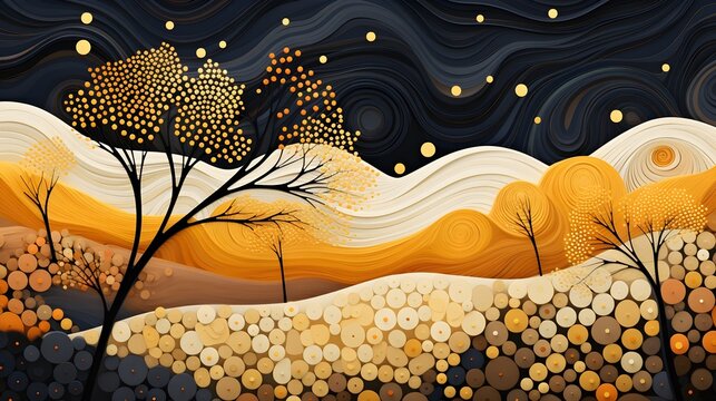 Autumn landscape wonderland forest with grass land, Mid autumn natural in orange foliage, Fall season with beautiful  view with sunset behind mountain and maples leaves falling from trees