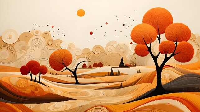 Autumn landscape wonderland forest with grass land, Mid autumn natural in orange foliage, Fall season with beautiful  view with sunset behind mountain and maples leaves falling from trees