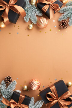 Scouring for New Year's gift idea. Top view vertical photo of gift boxes, festive balls, frosty fir twigs, stars confetti, cones on terracotta background with promo space