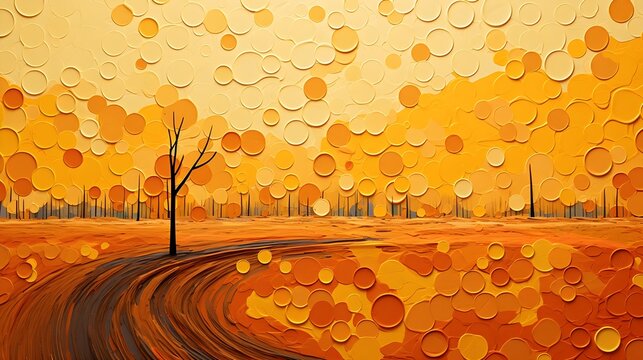 Autumn landscape wonderland forest with grass land, Mid autumn natural in orange foliage, Fall season with beautiful  view with sunset behind mountain and maples leaves falling from trees