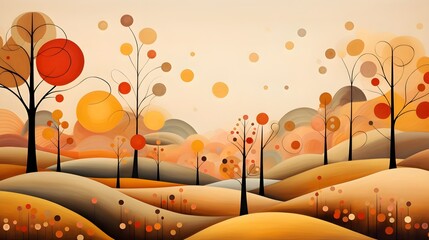 Autumn landscape wonderland forest with grass land, Mid autumn natural in orange foliage, Fall season with beautiful  view with sunset behind mountain and maples leaves falling from trees illustration