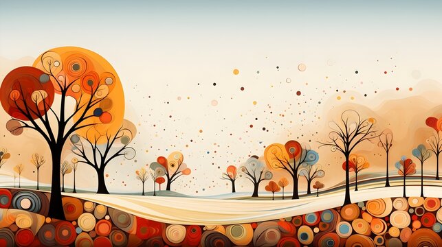Autumn landscape wonderland forest with grass land, Mid autumn natural in orange foliage, Fall season with beautiful  view with sunset behind mountain and maples leaves falling from trees