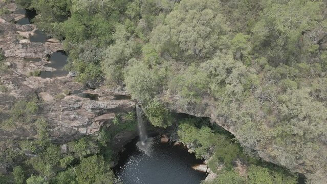 Drone footage of the scenic waterfall Chorro San Luis embedded in a thick, tropical forest near Robor&eacute; in the lowlands of Bolivia - Traveling and exploring South America - raw version