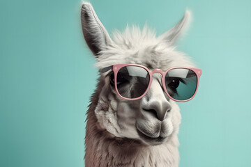 Llama in sunglass shade glasses isolated on solid pastel background, Fashion, Animals, Wide banner with space for text at side.
