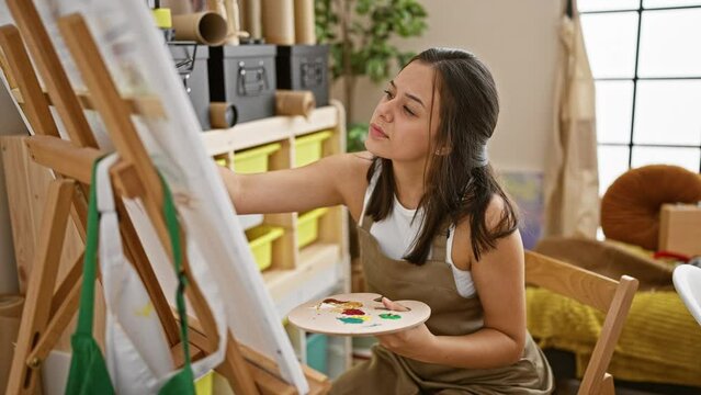 Beautiful, focused, young hispanic woman artist sitting on a chair, immersed in creativity, drawing in an art studio, indoors
