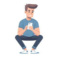 Character holding smartphone. People use mobile phones, chat, surf the internet. Flat vector illustration isolated on background.