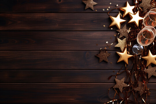 New Year's composition. Champagne glasses, star-shaped decorations, party blowers on a rich mahogany wood texture. Flat lay, top view. Copy space. Banner backdrop