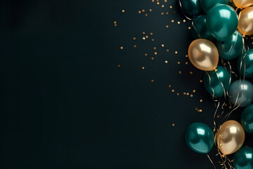 New Year's composition. Golden streamers, festive balloons, sparklers on a dark emerald velvet background. Flat lay, top view. Copy space. Banner backdrop