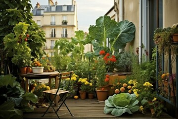 Parisian urban terrace vegetable garden. Generative AI