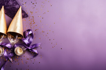 New Year's composition. Party hats, golden streamers, champagne flutes on a dreamy lavender velvet surface. Flat lay, top view. Copy space. Banner backdrop