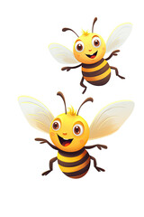 Two cute bees bumble flying isolated on a white background smiling