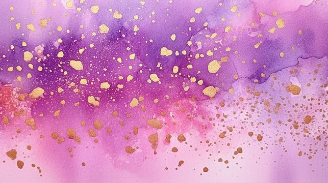 purple pink fluid art watercolor background with golden glitter