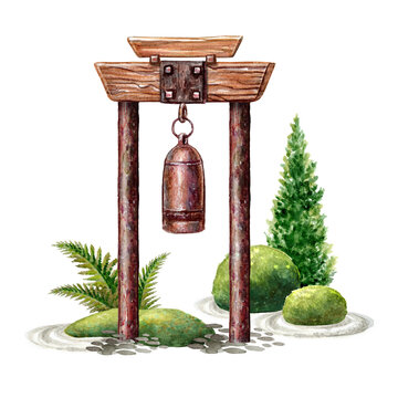 watercolor japanese torii gate with bell clip art preview