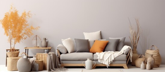 Modern boho living room interior with a gray sofa coffee table rattan basket wooden cube flowers and personal accessories Cozy apartment with home decor With copyspace for text