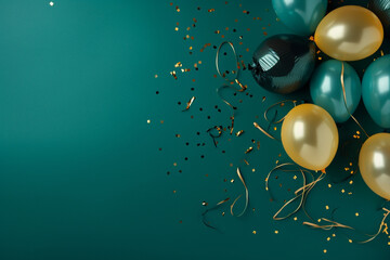 New Year's Eve composition. Festive balloons, golden confetti, champagne glasses on a velvety deep turquoise surface. Flat lay, top view. Copy space. Banner backdrop