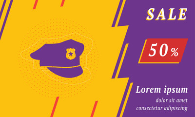 Sale promotion banner with place for your text. On the left is the police cap symbol. Promotional text with discount percentage on the right side. Vector illustration on yellow background