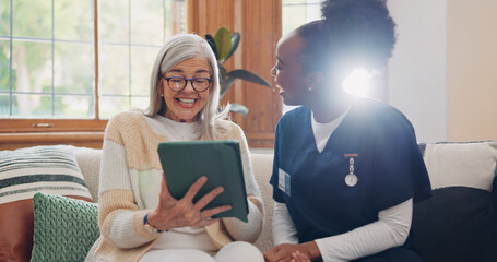 Senior, woman and caregiver with tablet for consulting, medical information and health communication on sofa. Elderly, professional and nurse with touchscreen for online report, advisory and results