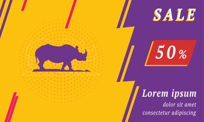 Sale promotion banner with place for your text. On the left is the wild rhino symbol. Promotional text with discount percentage on the right side. Vector illustration on yellow background