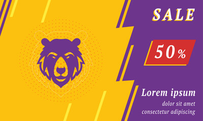 Sale promotion banner with place for your text. On the left is the bear head icon. Promotional text with discount percentage on the right side. Vector illustration on yellow background
