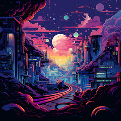 illustration of human go adventure on mystery planet looking at the wonders of cosmos. Beautiful planet landscape in pop lofi art style. - obrazy, fototapety, plakaty