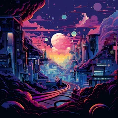 Foto op Canvas illustration of human go adventure on mystery planet looking at the wonders of cosmos. Beautiful planet landscape in pop lofi art style. © k art
