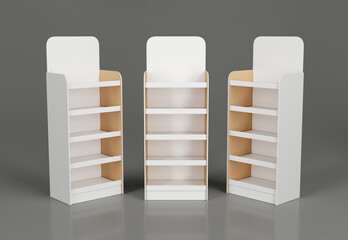 Empty cardboard display with shelves and hooks. Set of 3D illustrations