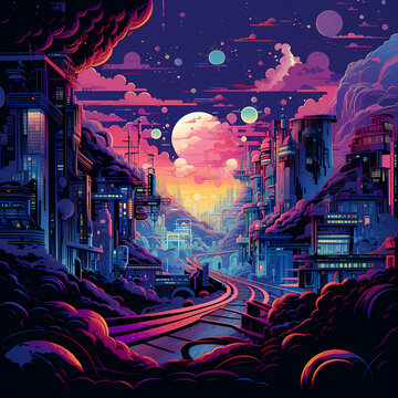 illustration of human go adventure on mystery planet looking at the wonders of cosmos. Beautiful planet landscape in pop lofi art style.
