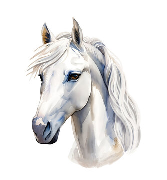 White horse unicorn isolated on white background. Portrait, muzzle. Watercolor illustration. Generative AI