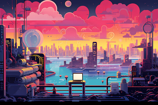 illustration of human go adventure on mystery planet looking at the wonders of cosmos. Beautiful planet landscape in pop lofi art style.