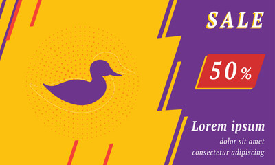 Sale promotion banner with place for your text. On the left is the duck symbol. Promotional text with discount percentage on the right side. Vector illustration on yellow background