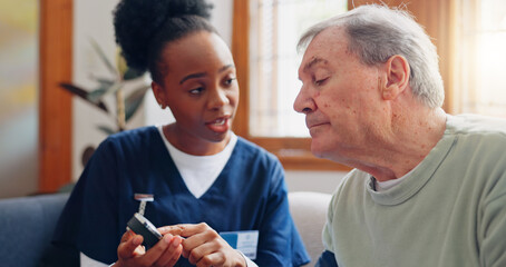Doctor, woman or blood pressure of patient in home for medical after surgery, recovery or...