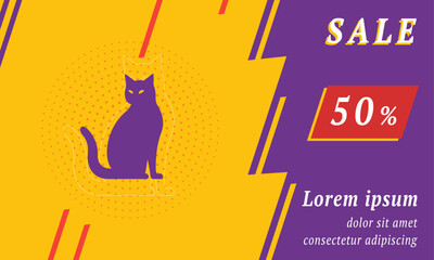 Sale promotion banner with place for your text. On the left is the cat icon. Promotional text with discount percentage on the right side. Vector illustration on yellow background